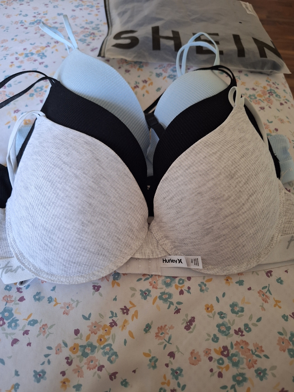 Hurley Women's 3-Pack Everyday Bras — Light Blue, Black, Heather Gray